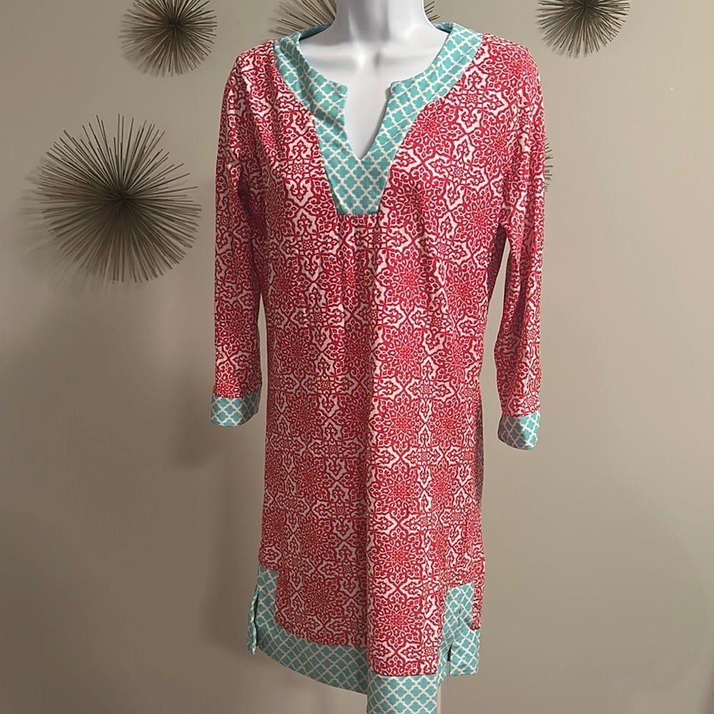 Red and Teal Patterned Tunic Dress​